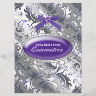 Invitation Silver Purple Damask Élégant Violet Quinceanera