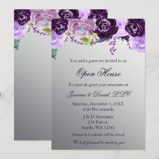 Invitation Silver Purple Floral Business Corporate Party (Devant / Derrière)