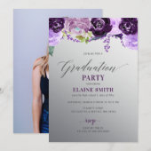 Invitation Silver Purple Floral Photo Party (Devant / Derrière)