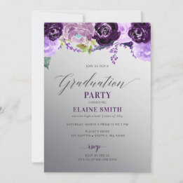 Invitation Silver Purple Floral Photo Party