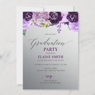 Invitation Silver Purple Floral Photo Party