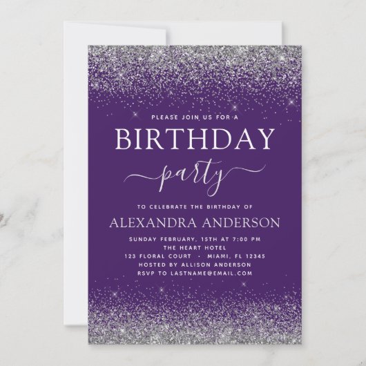 Invitation Silver Purple N'Importe Quel Âge Anniversaire Part (Devant)