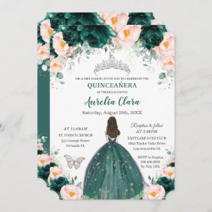 Invitation Silver Quinceañera Emerald Blush Floral Princess
