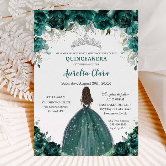 Invitation Silver Quinceañera Emerald Green Floral Princesse