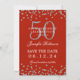 Invitation Silver Red 50th Birthday Enregistrer la date Confe