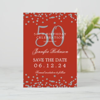 Invitation Silver Red 50th Birthday Enregistrer la date et le