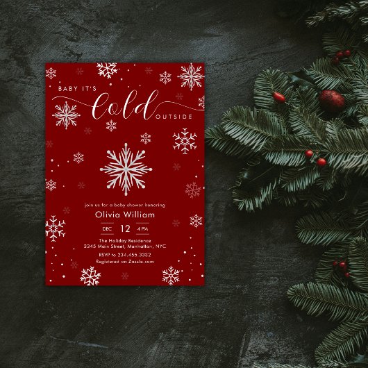 Invitation Silver Red Magical Winter Snowflake Baby Shower