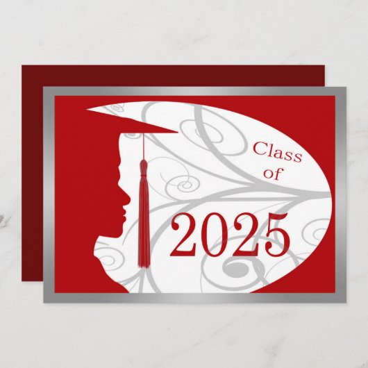 Invitation Silver & Red Man Silhouette 2025 Graduation Party (Devant / Derrière)