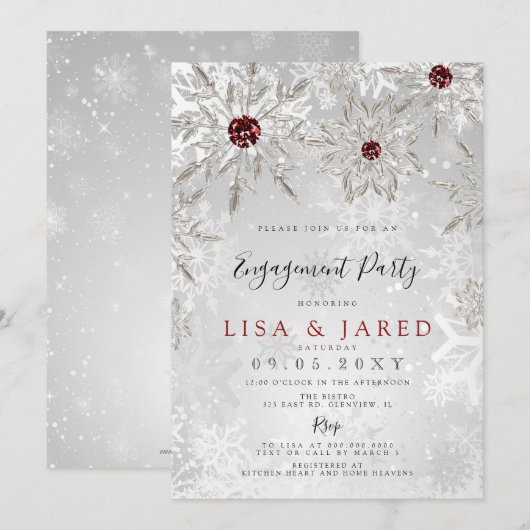 Invitation Silver Red Snowflakes (Devant / Derrière)