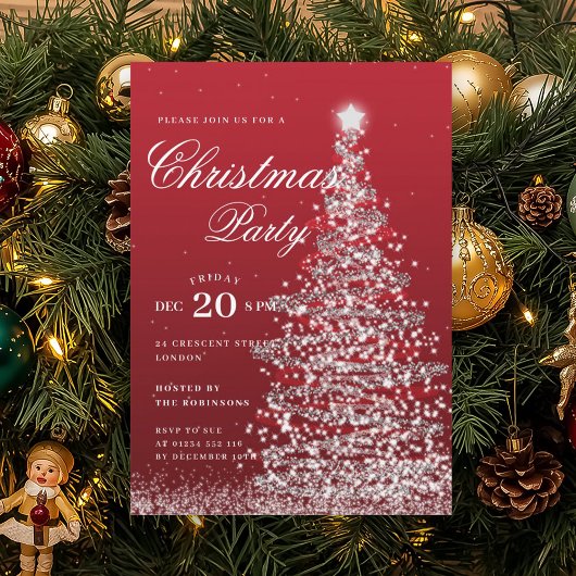 Invitation Silver Red Winter Christmas Tree Holiday Party 