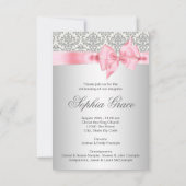 Invitation Silver rose Damask Bow Girl Photo Christening (Dos)