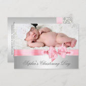 Invitation Silver rose Damask Bow Girl Photo Christening (Devant / Derrière)