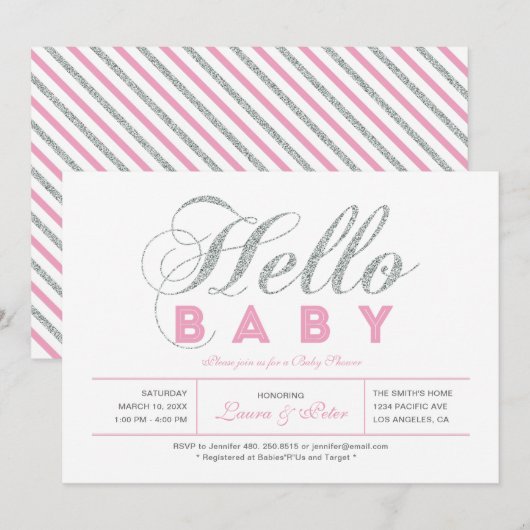 Invitation Silver & Rose | Fille, typographie chic Baby Showe (Devant / Derrière)