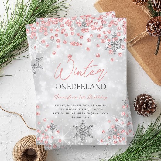 Invitation Silver Rose Gold Winter ONEDERLAND 1er anniversair