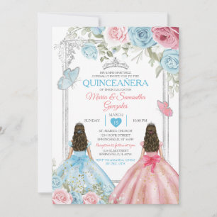 Invitation Silver rose & Pastel Blue Butterfly Quinceañera