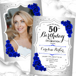 Invitation Silver Royal Blue Photo Elegant 50e anniversaire<br><div class="desc">Elégante invitation à 50e anniversaire fleurie avec votre photo au verso de la carte. Design de glam avec faux argent. Comprend des roses bleus royaux, des caractères de script et des confettis. Parfait pour une fête anniversaire adulte élégante. Personnalisez avec vos propres détails. Peut être customisé pour n'importe quel âge...</div>