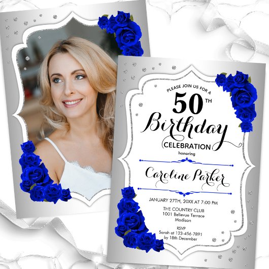 Invitation Silver Royal Blue Photo Elegant 50e anniversaire