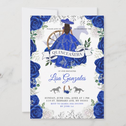 Invitation Silver Royal Blue Roses Western Charra Quinceañera (Devant)