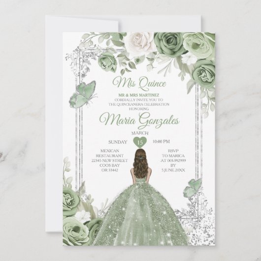 Invitation Silver Sage Green Mis Quince 15 Anos Butterfly (Devant)
