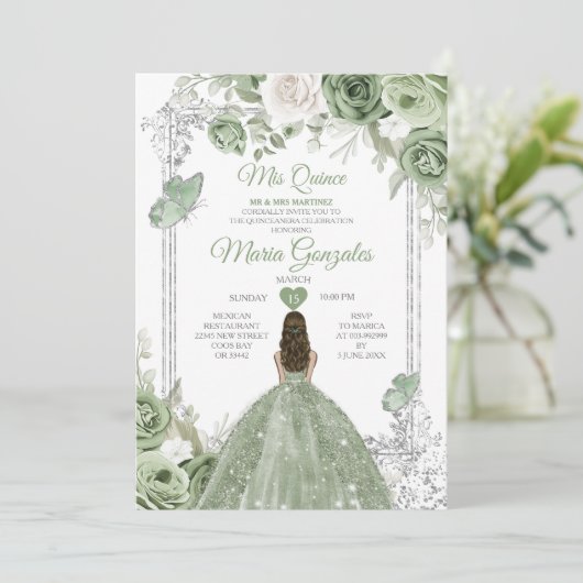 Invitation Silver Sage Green Mis Quince 15 Anos Butterfly (Debout devant)