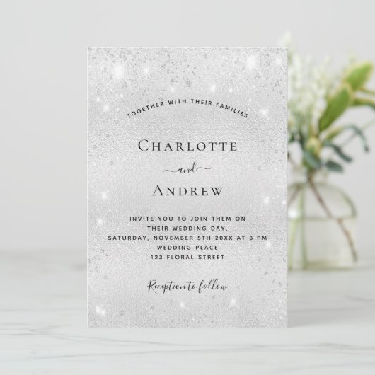 Invitation Silver scintille le code QR mariage RSVP (Debout devant)