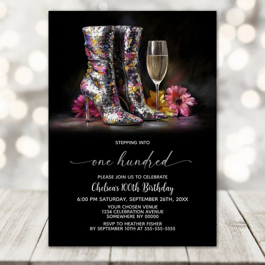 Invitation Silver Sequin Boots 100th Birthday Party