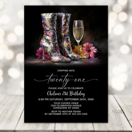 Invitation Silver Sequin Boots 21st Birthday Party