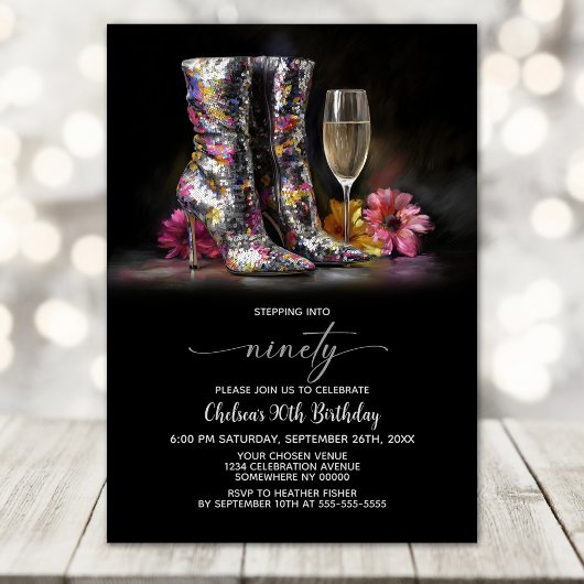 Invitation Silver Sequin Boots 90th Birthday Party