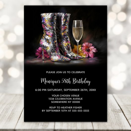 Invitation Silver Sequin Boots Any Age Birthday Party