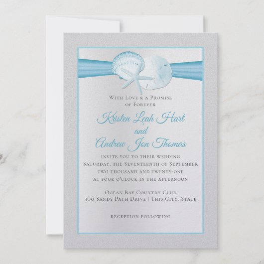 Invitation Silver Shells Tropical Blue Beach Mariage (Devant)