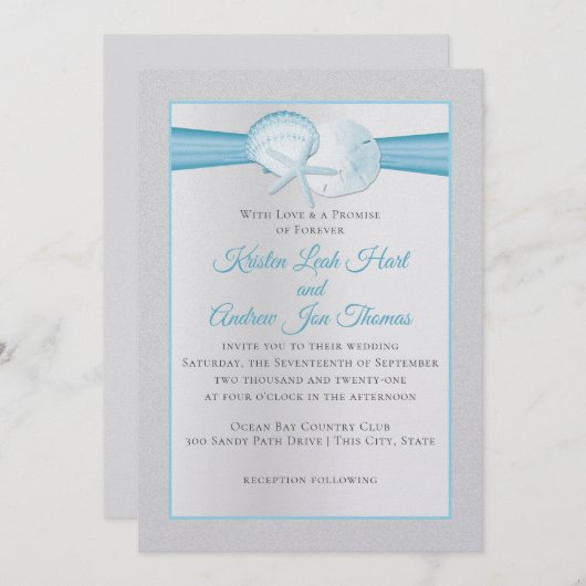 Invitation Silver Shells Tropical Blue Beach Mariage (Devant / Derrière)