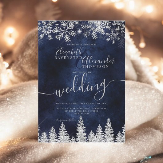 Invitation Silver snow pine navy Christmas winter wedding