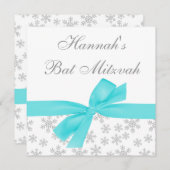 Invitation Silver Snowflakes Turquoise Bow Bat mitzvah (Devant / Derrière)