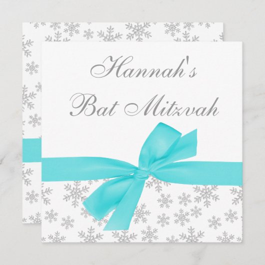 Invitation Silver Snowflakes Turquoise Bow Bat mitzvah (Devant / Derrière)