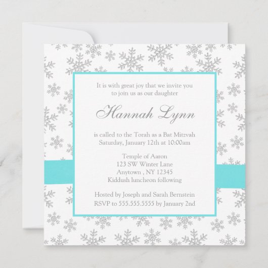 Invitation Silver Snowflakes Turquoise Bow Bat mitzvah (Dos)