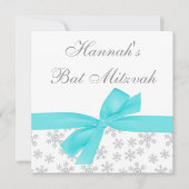 Invitation Silver Snowflakes Turquoise Bow Bat mitzvah (Devant)