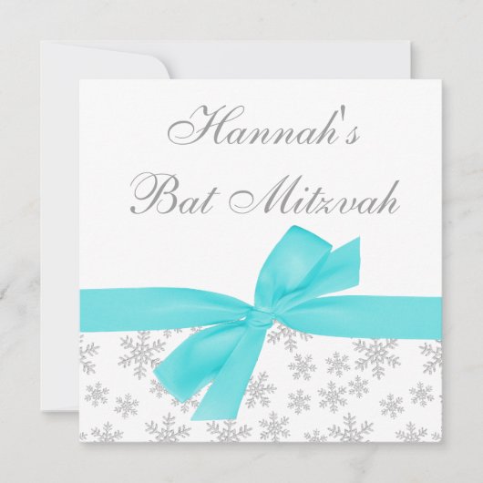 Invitation Silver Snowflakes Turquoise Bow Bat mitzvah (Devant)