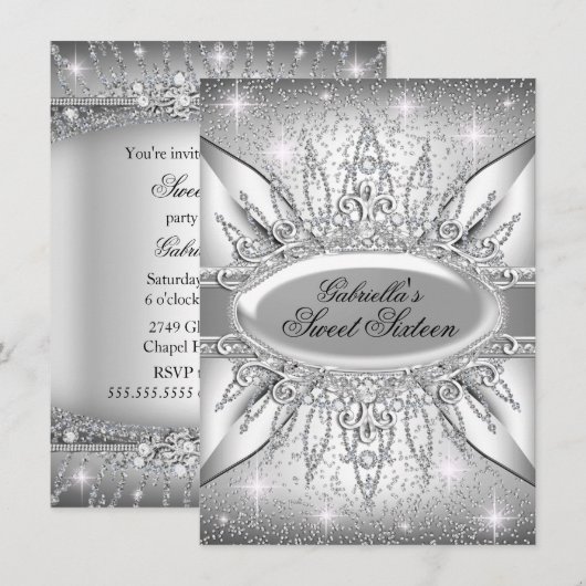 Invitation Silver Sparkle Diamond Sweet 16 (Devant / Derrière)