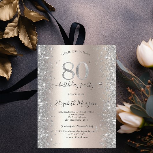 Invitation Silver Sparkle Diamonds ivoire 80e fête d'annivers