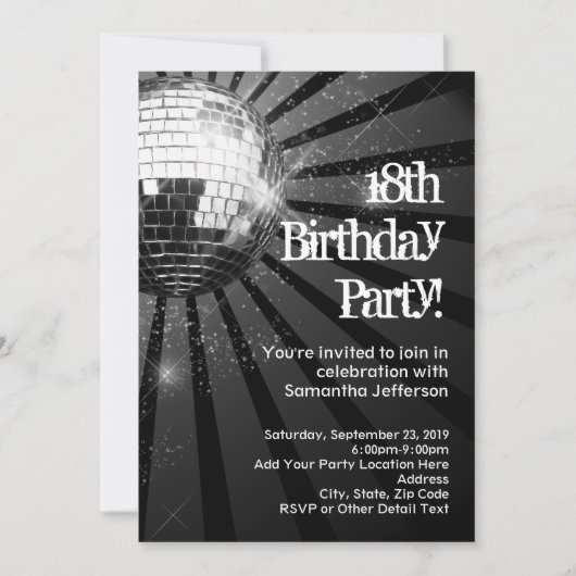 Invitation Silver Sparkle Disco Ball 18ème anniversaire (Devant)