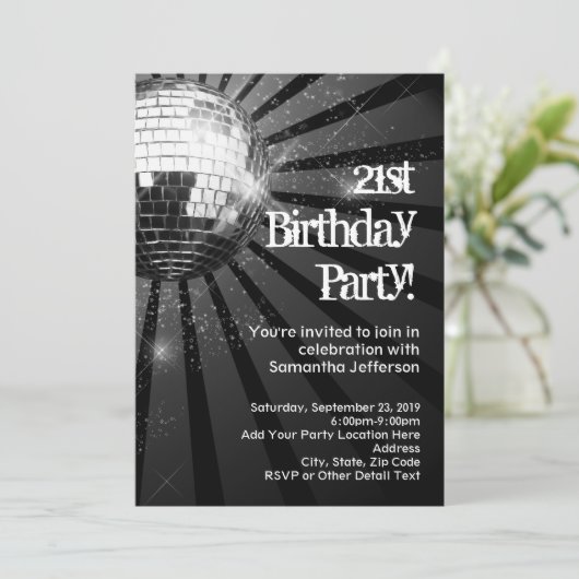 Invitation Silver Sparkle Disco Ball 21ème anniversaire fête (Debout devant)