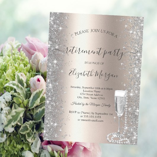 Invitation Silver Sparkle Prosecco Perles Ivoire Retraite