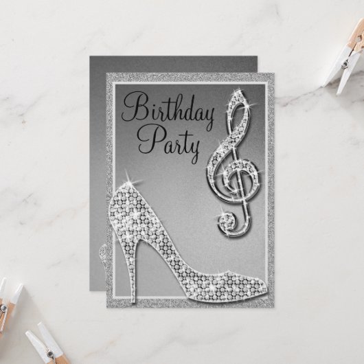 Invitation Silver Stiletto & Treble Clef Anniversaire (Devant/Arrière en situation)