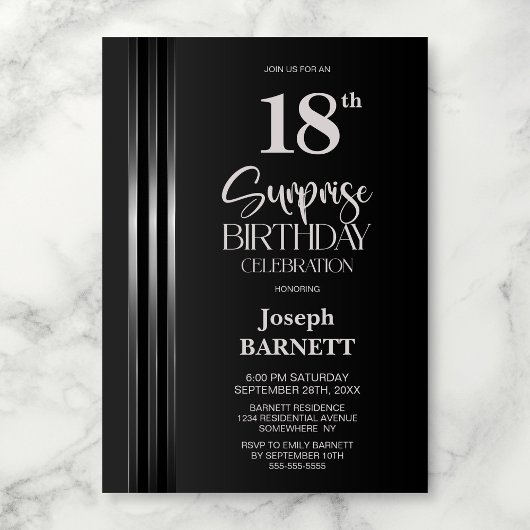 Invitation Silver Striped Black Grey 18th Surprise Birthday