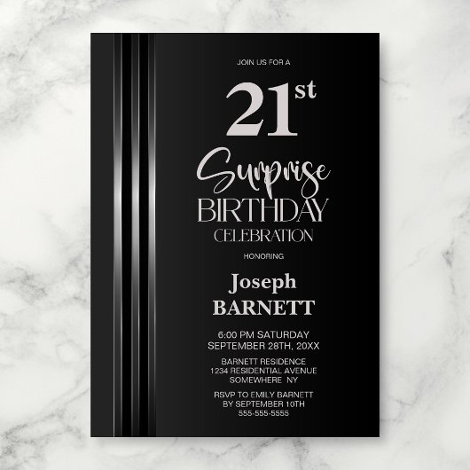 Invitation Silver Striped Black Grey 21st Surprise Birthday