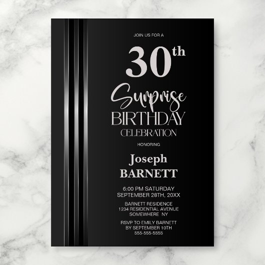 Invitation Silver Striped Black Grey 30th Surprise Birthday