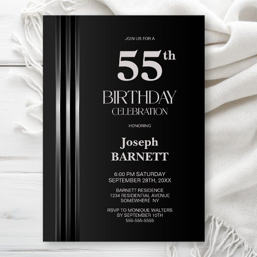 Invitation Silver Striped Black Grey 55th Birthday Party
