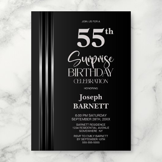 Invitation Silver Striped Black Grey 55th Surprise Birthday