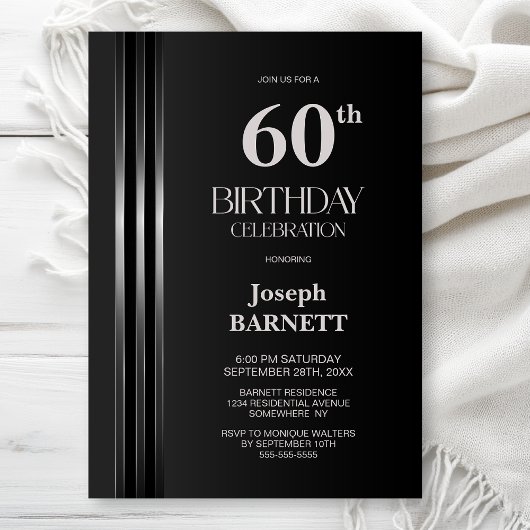 Invitation Silver Striped Black Grey 60th Birthday Party