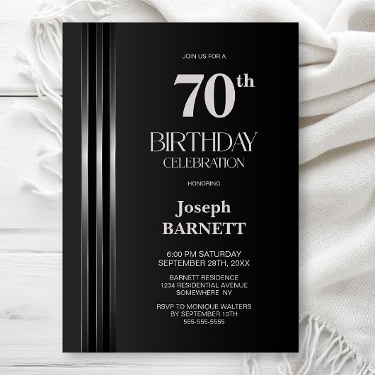 Invitation Silver Striped Black Grey 70th Birthday Party